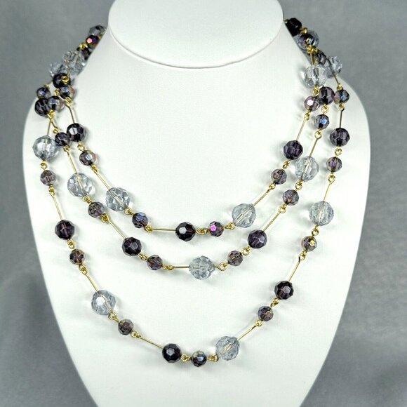 Joan Rivers Beaded Necklace Clear Purple AB Faceted Gold Tone Long Layer 60" - Picture 3 of 10